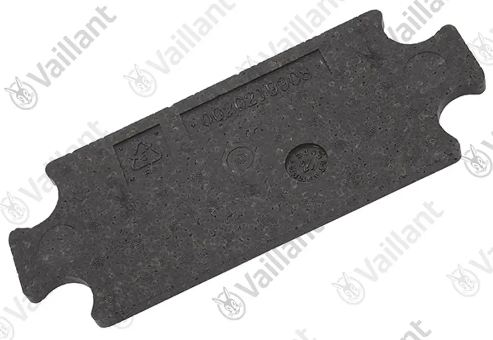 Schwarze Isolierplatte von Vaillant, rechteckige Form mit Aussparungen und Prägungen. Verwendet für Wärmeisolierung in Heizsystemen.